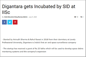 Digantara gets Incubated by SID at IISc