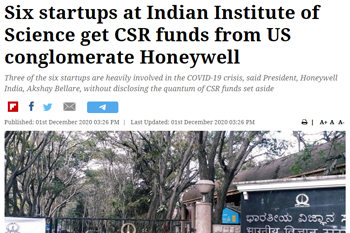 Six startups at Indian Institute of Science get CSR funds from US conglomerate Honeywell